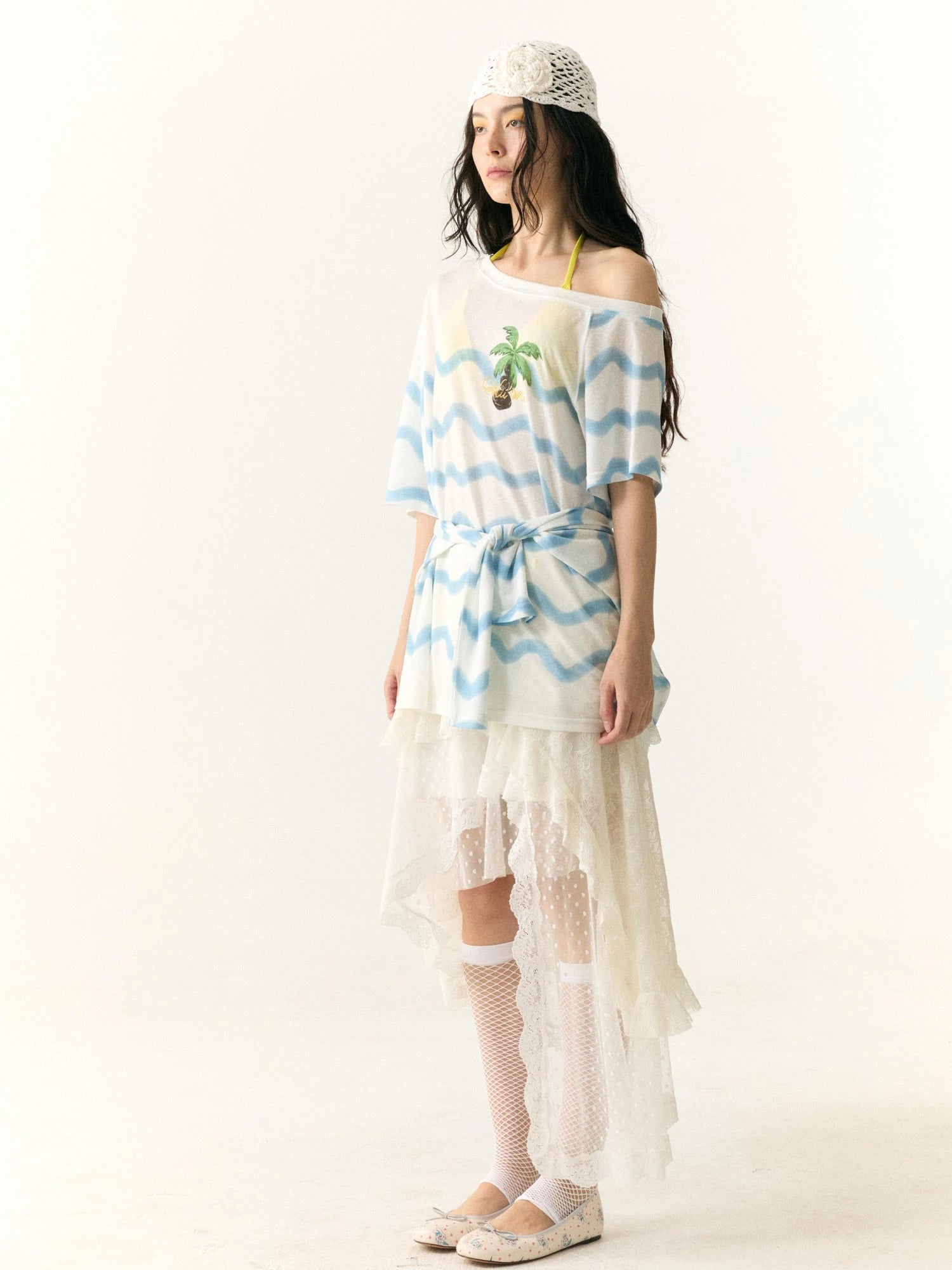 Layered Lace Dot Asymmetrical Midi Skirt