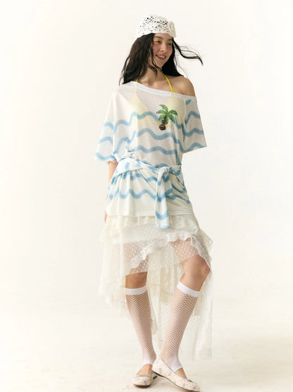 Layered Lace Dot Asymmetrical Midi Skirt