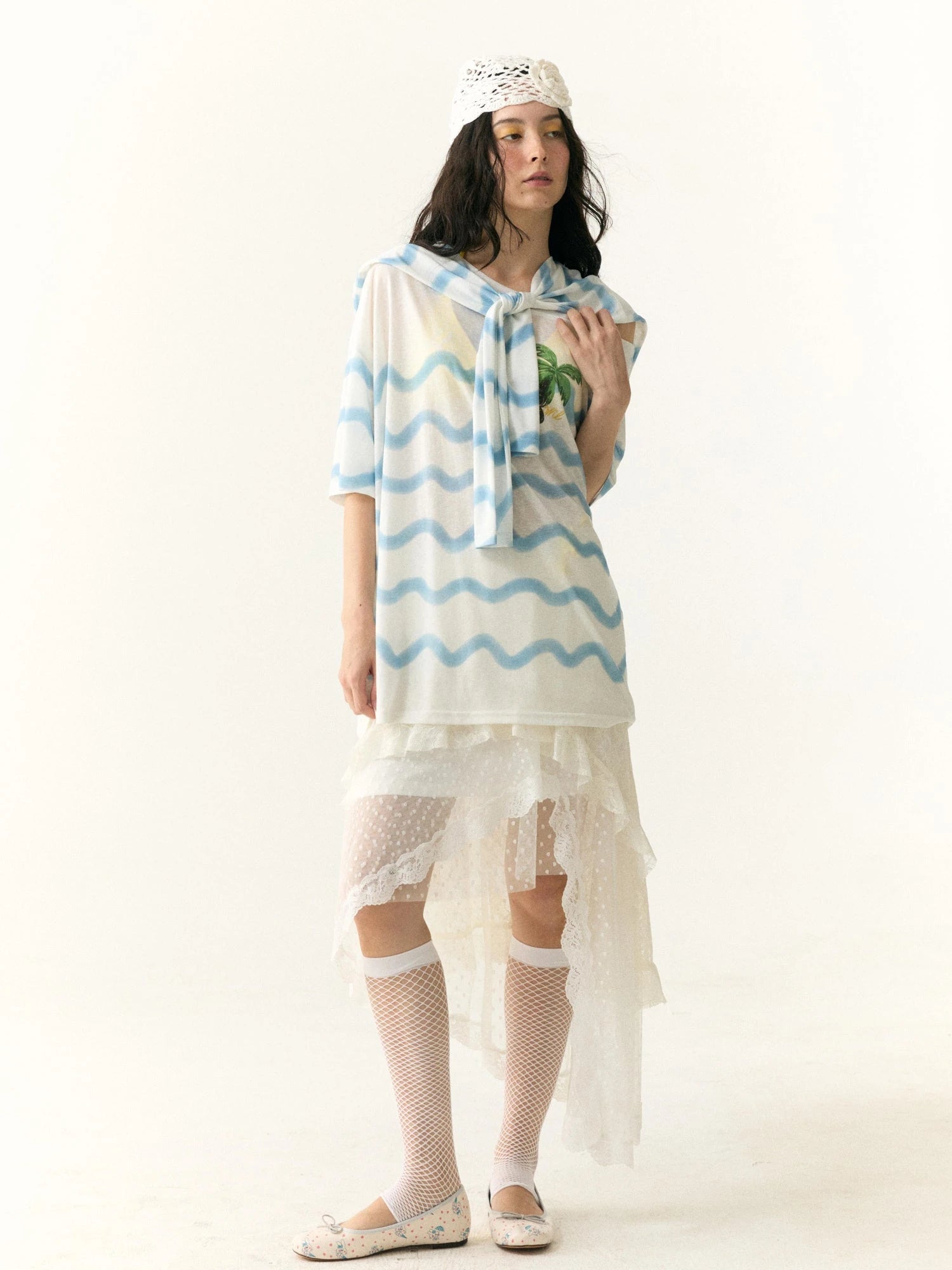 Layered Lace Dot Asymmetrical Midi Skirt