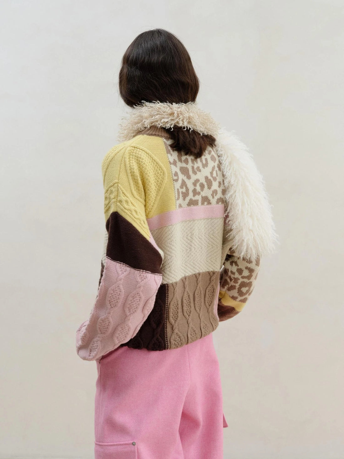 Multi Textured Chocolate Mosaic Wool Sweater V-neck Long Sleeve