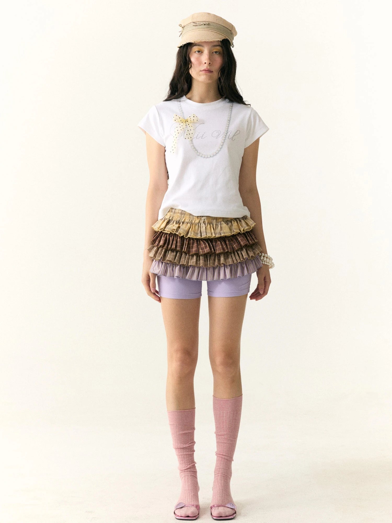 Multicolor Check Stripe Layered Skirt with Built In Leggings