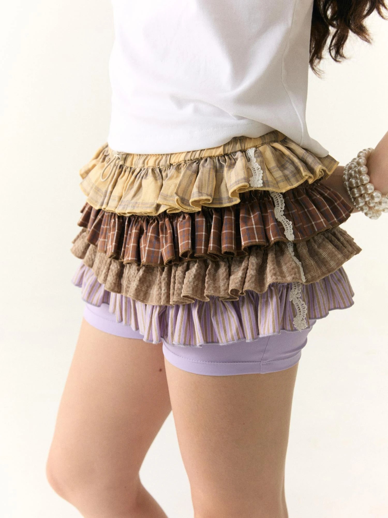 Multicolor Check Stripe Layered Skirt with Built In Leggings