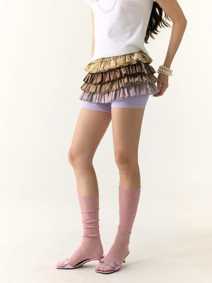 Multicolor Check Stripe Layered Skirt with Built In Leggings