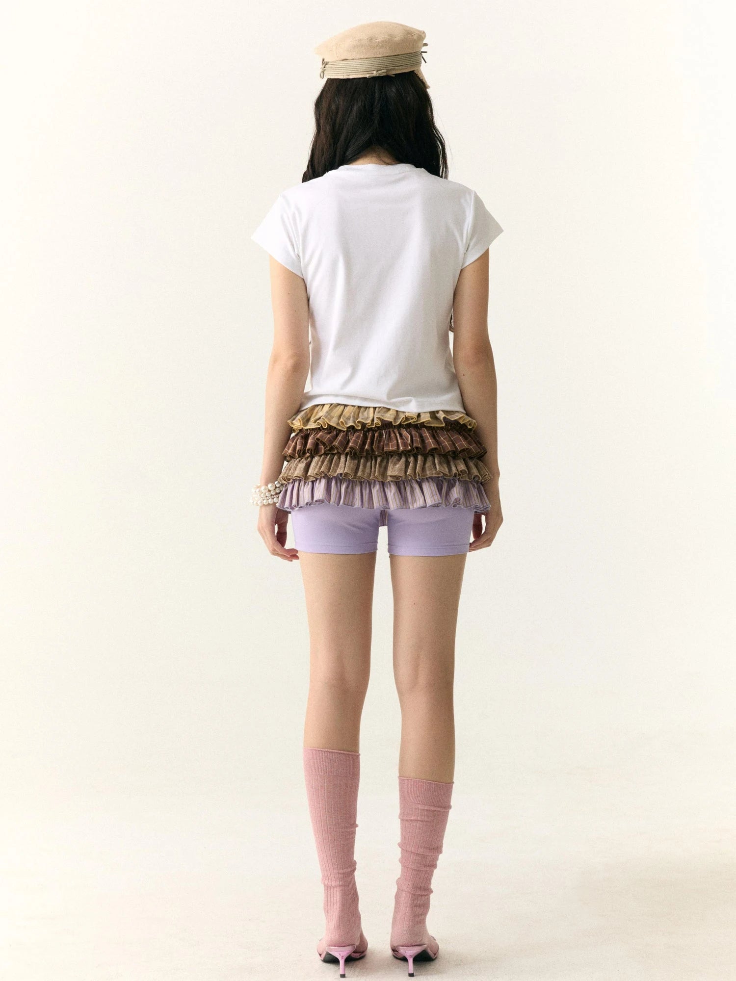 Multicolor Check Stripe Layered Skirt with Built In Leggings