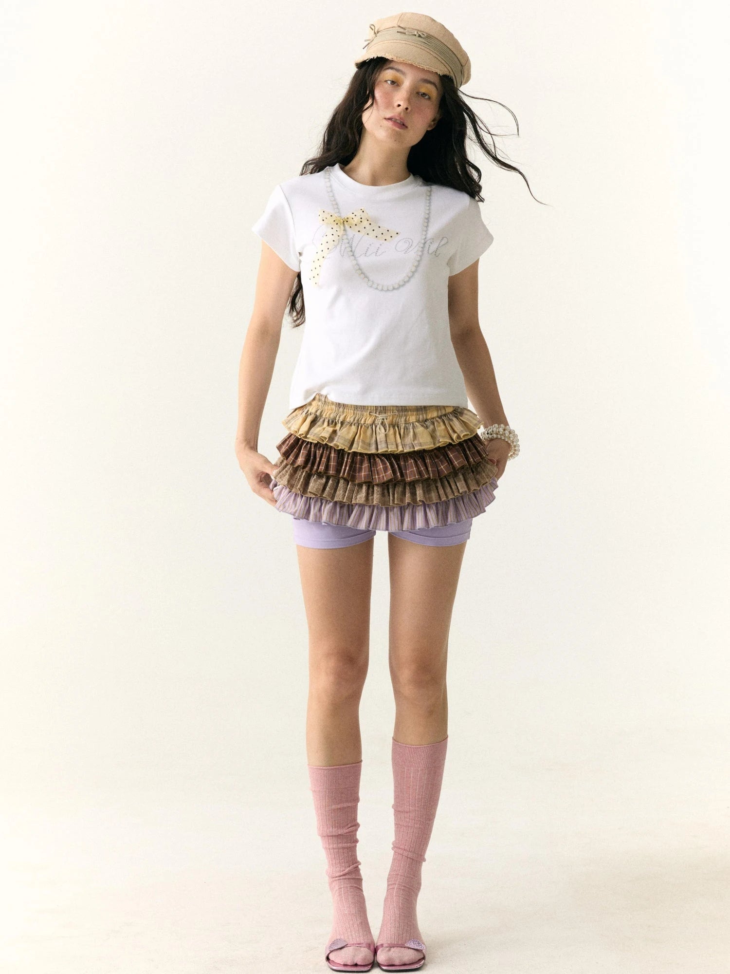 Multicolor Check Stripe Layered Skirt with Built In Leggings