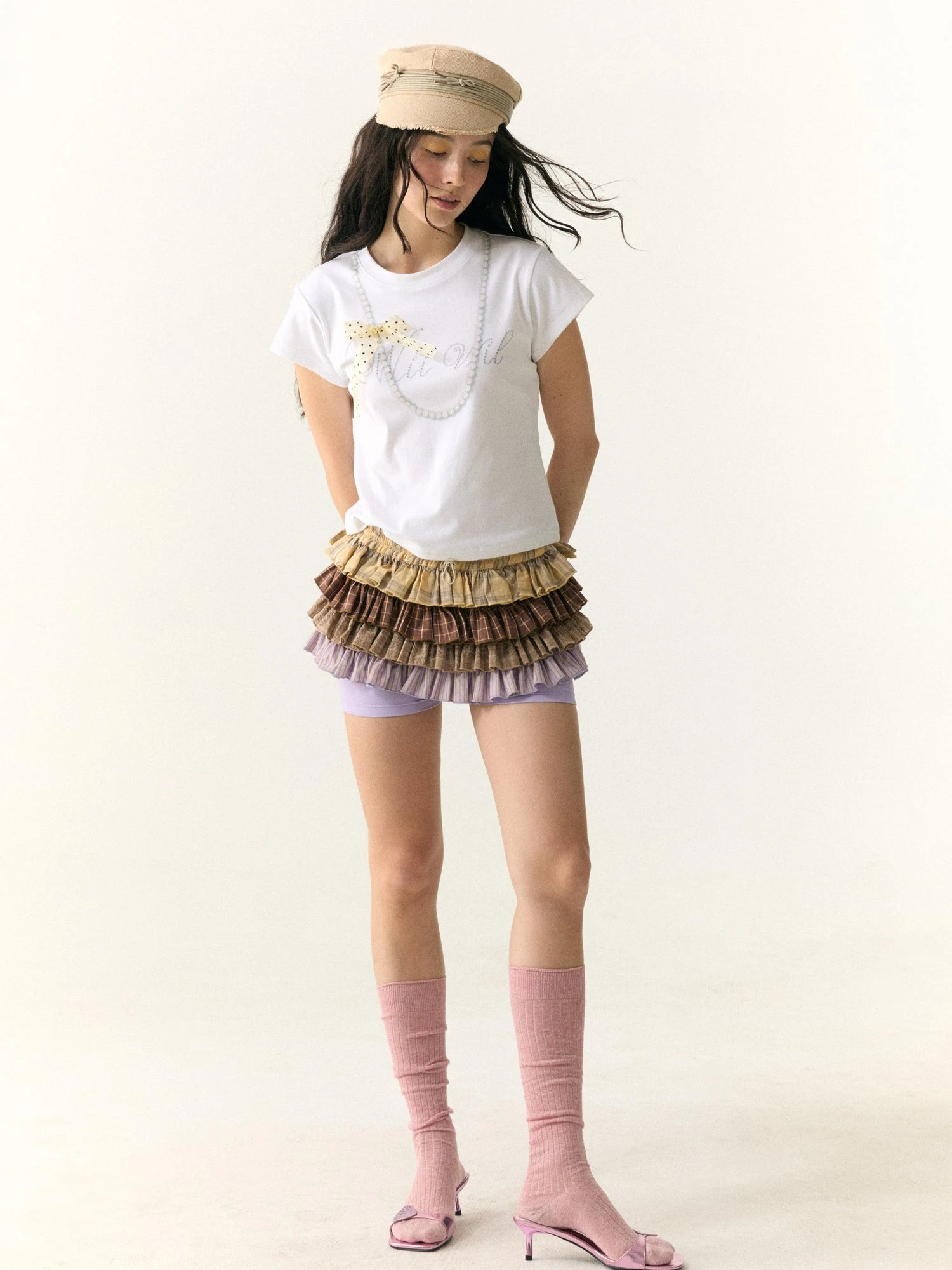 Multicolor Check Stripe Layered Skirt with Built In Leggings