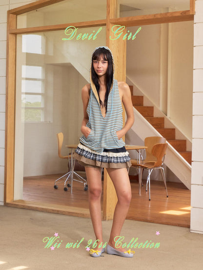 wii wil Multicolor Plaid Patchwork High Waist Women&