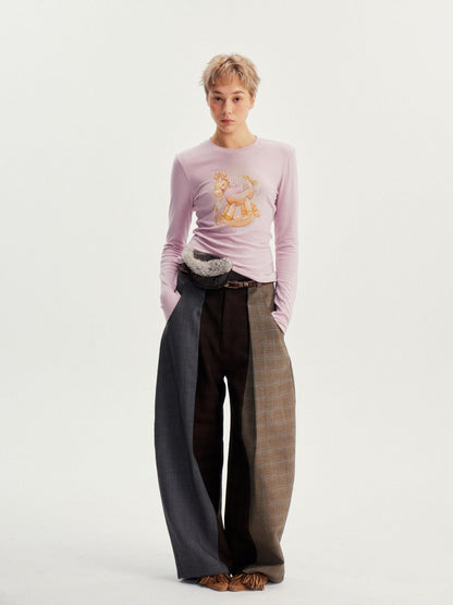 wii wil Plaid Patchwork Curved Leg Cleanfit Women&