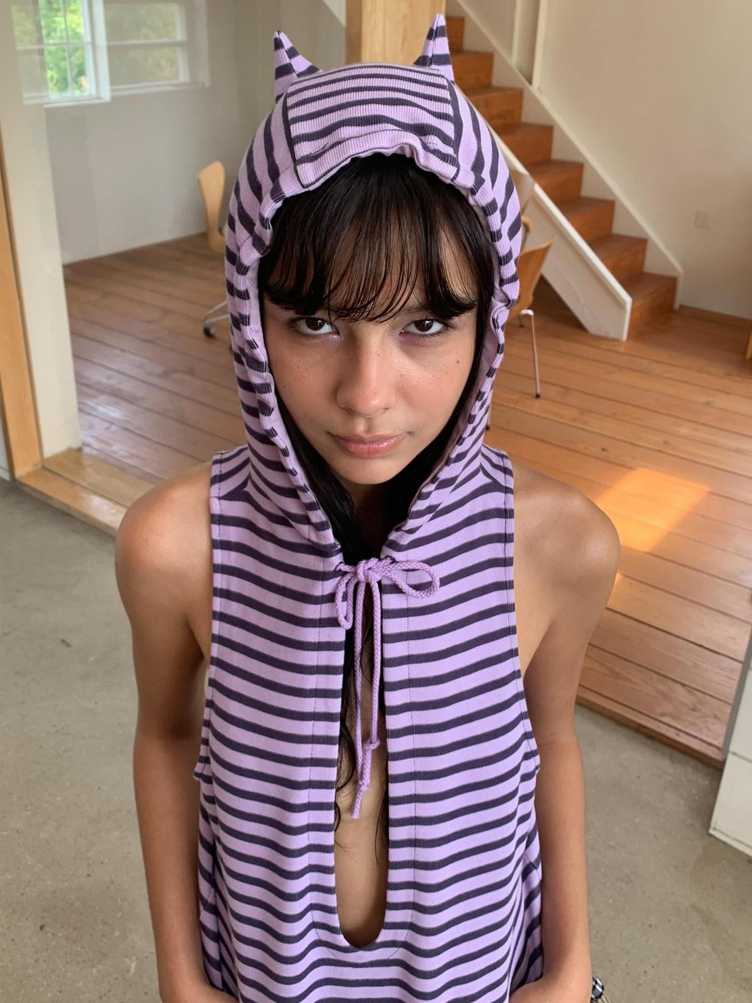 wii wil Purple Striped Devil Horn Racerback Midlength Women&