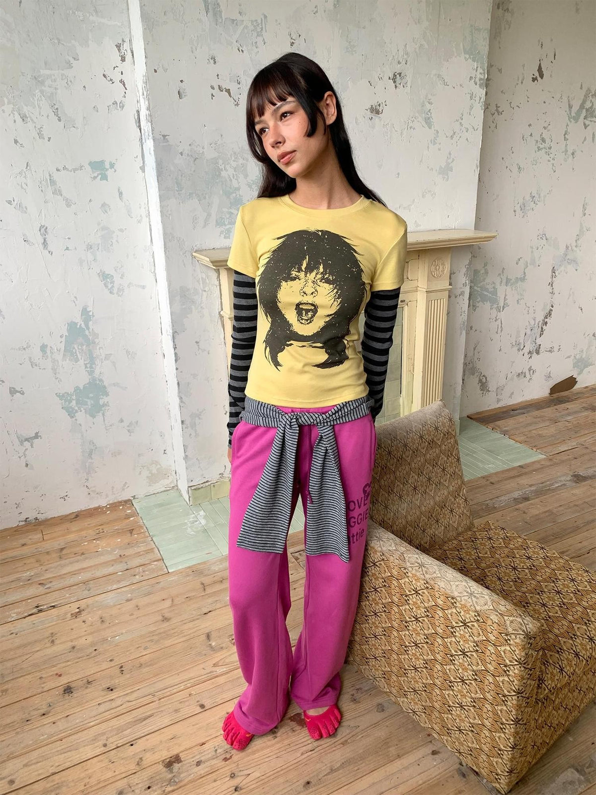wii wil Rock Portrait Print Striped Contrast Sleeve Women&