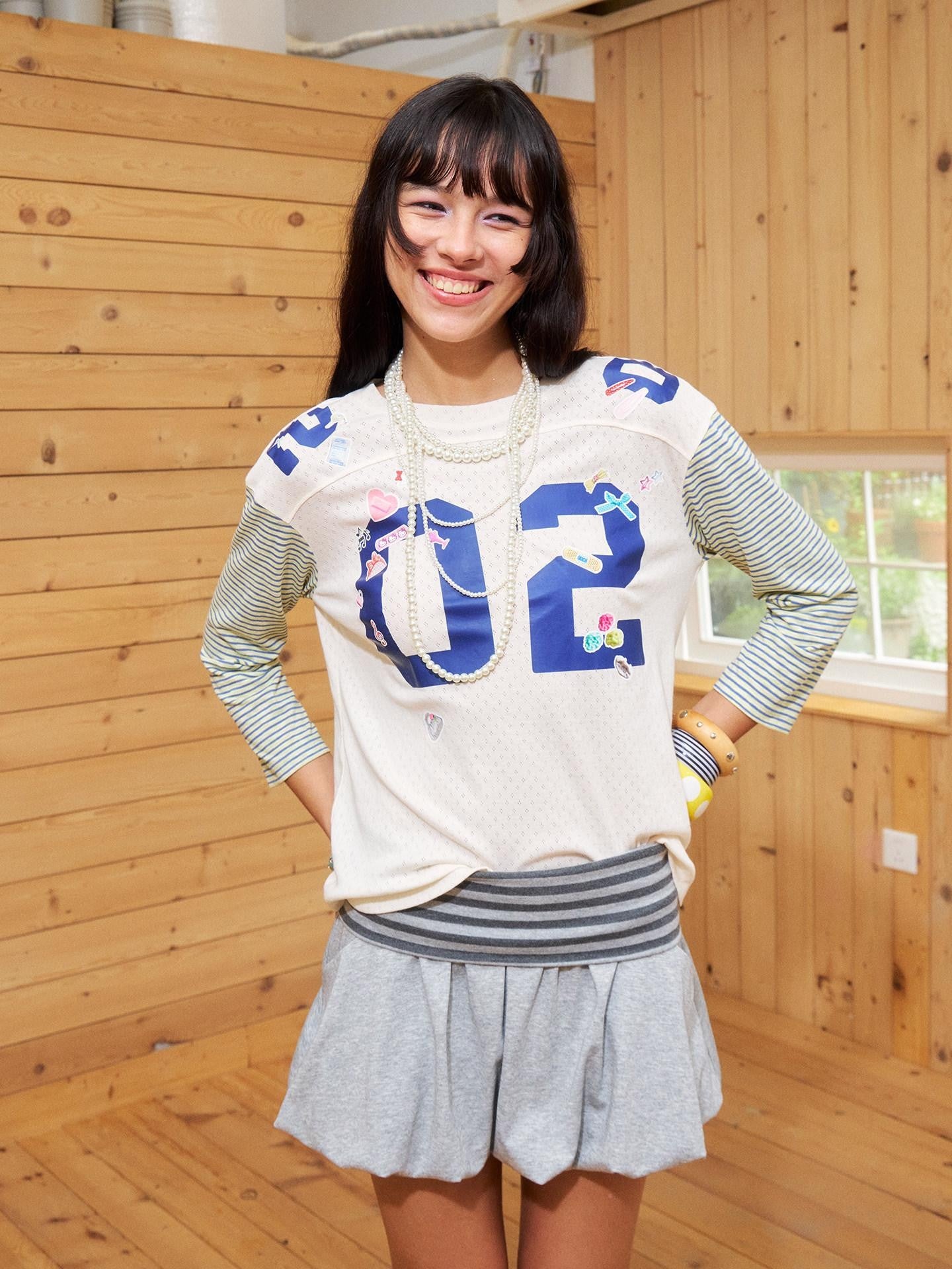 wii wil Sticker Print Striped Patchwork Raglan Women&