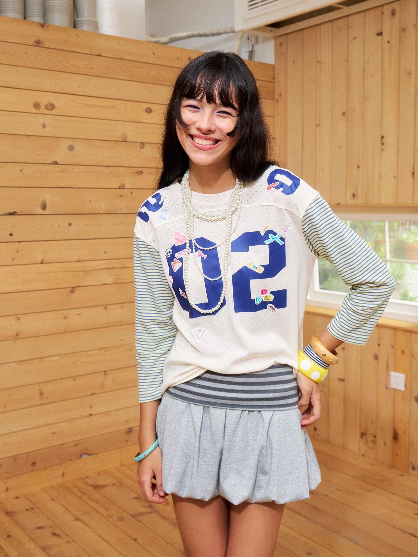 wii wil Sticker Print Striped Patchwork Raglan Women&
