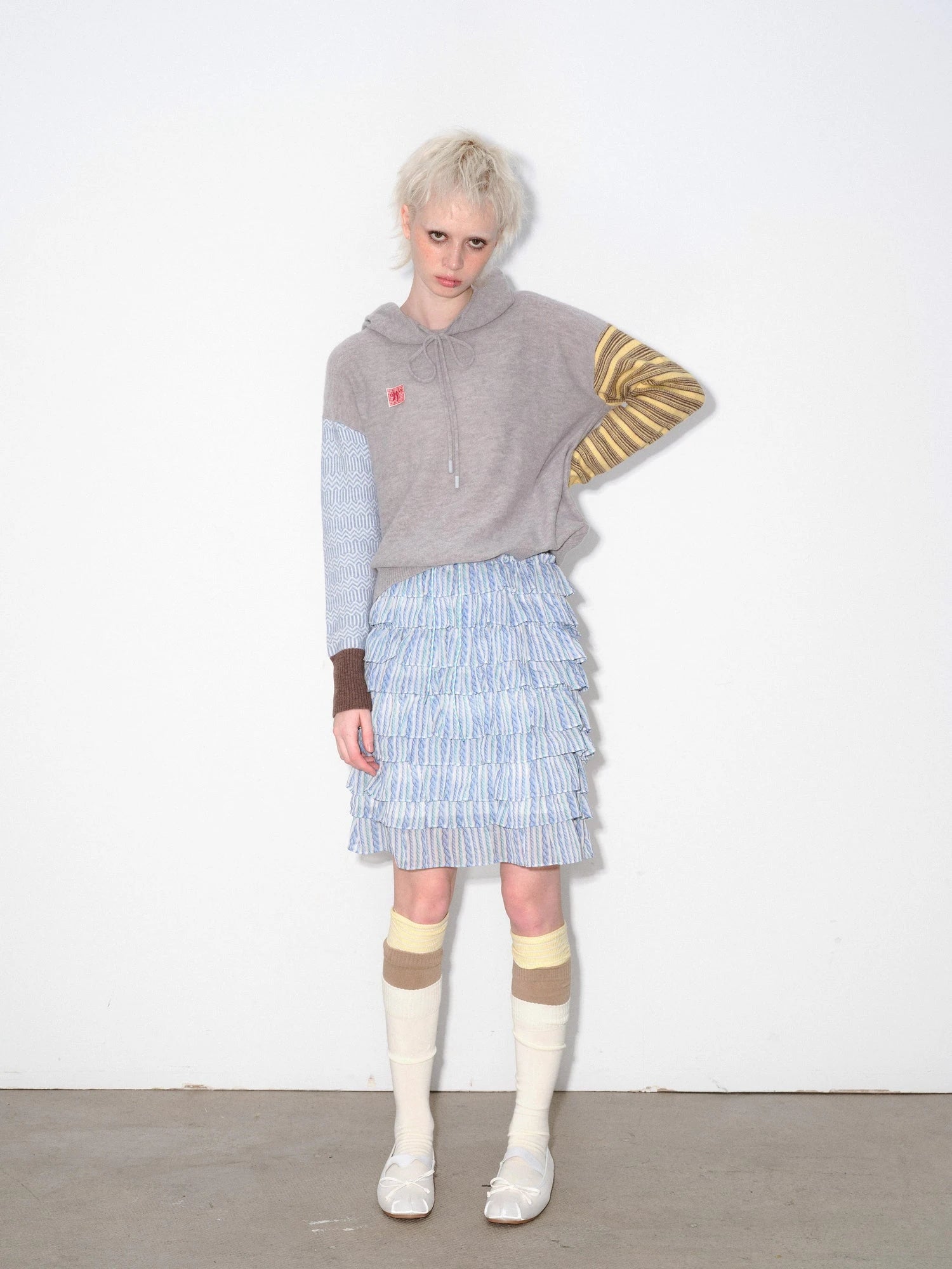 Striped Blue and White Tiered Ruffle Hem Midi Skirt