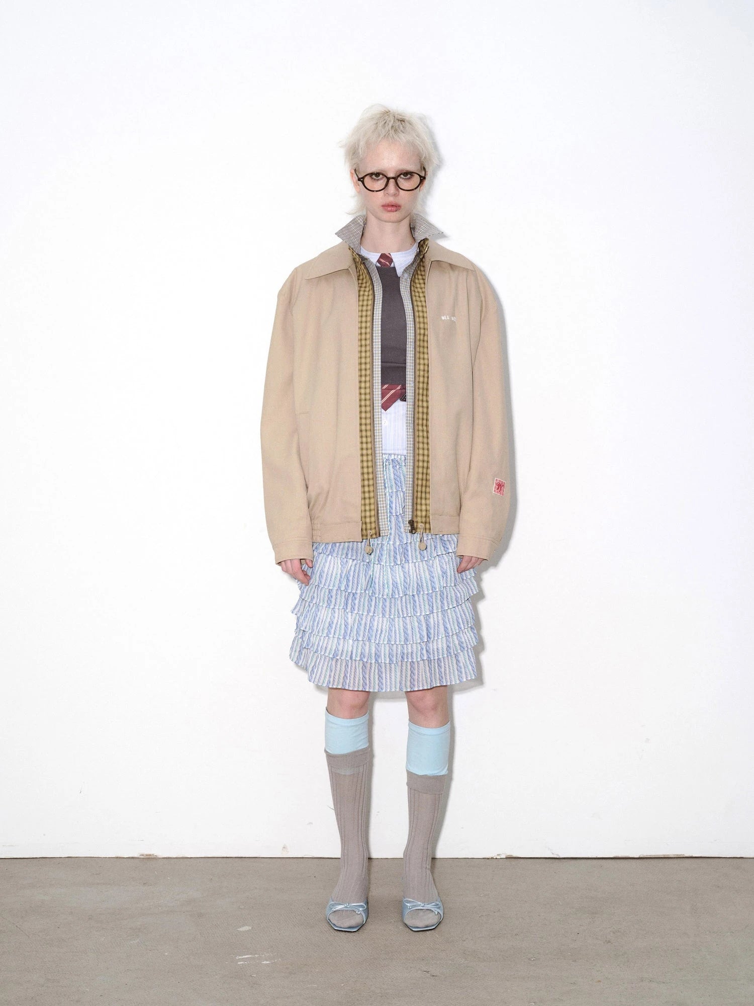 Striped Blue and White Tiered Ruffle Hem Midi Skirt