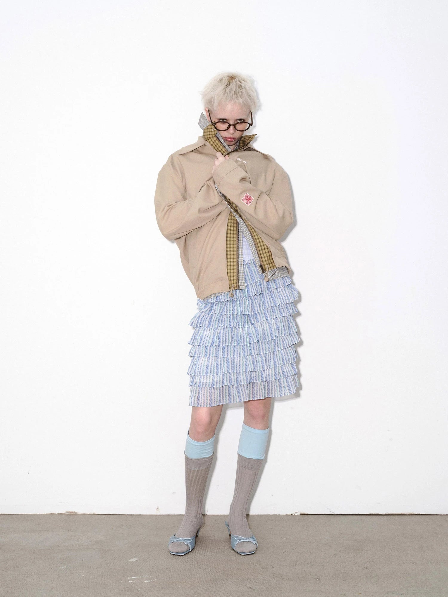 Striped Blue and White Tiered Ruffle Hem Midi Skirt