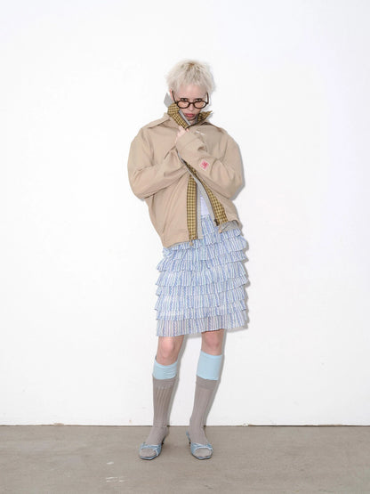 Striped Blue and White Tiered Ruffle Hem Midi Skirt