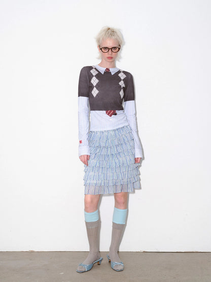 Striped Blue and White Tiered Ruffle Hem Midi Skirt