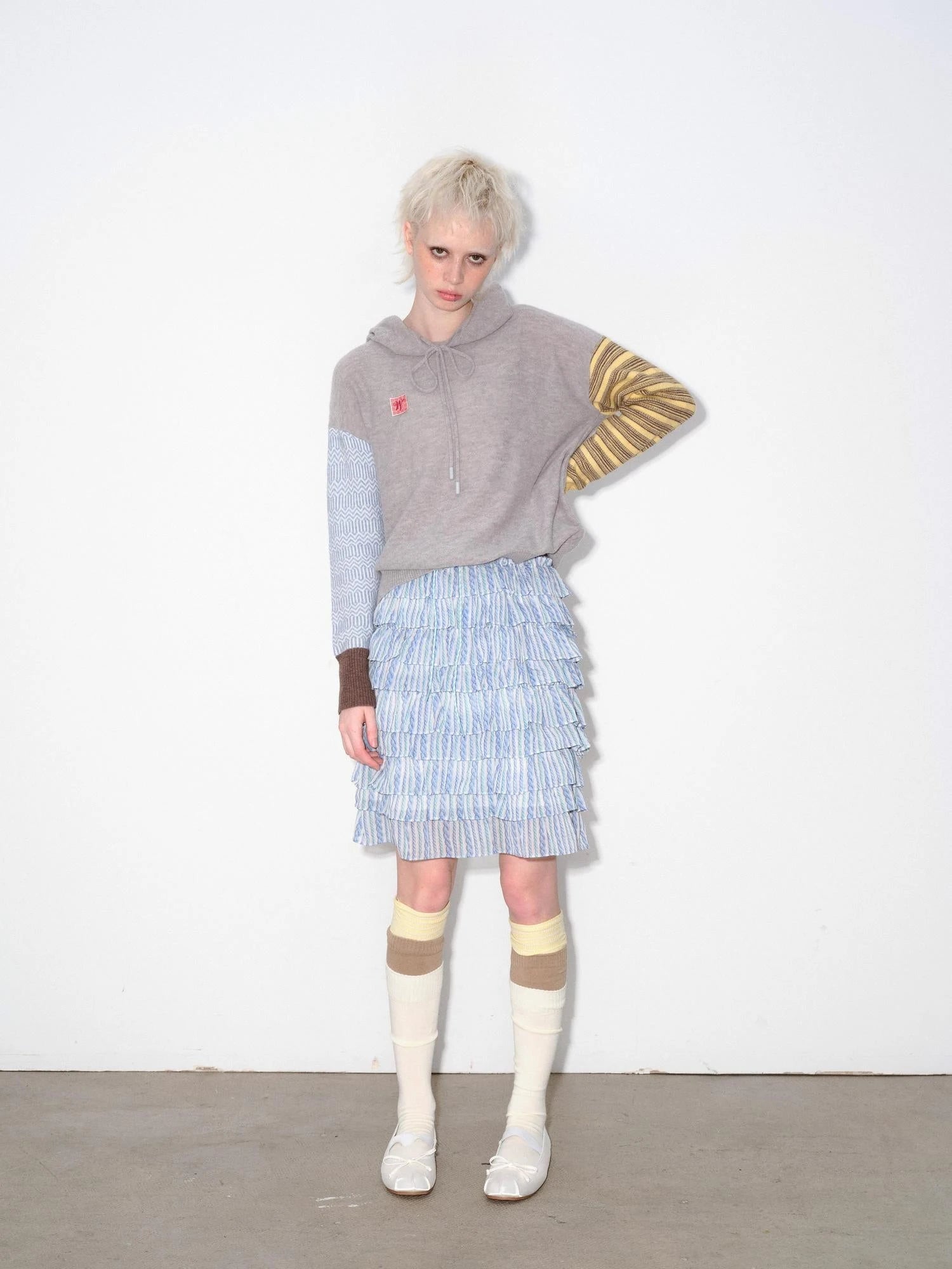 Striped Blue and White Tiered Ruffle Hem Midi Skirt