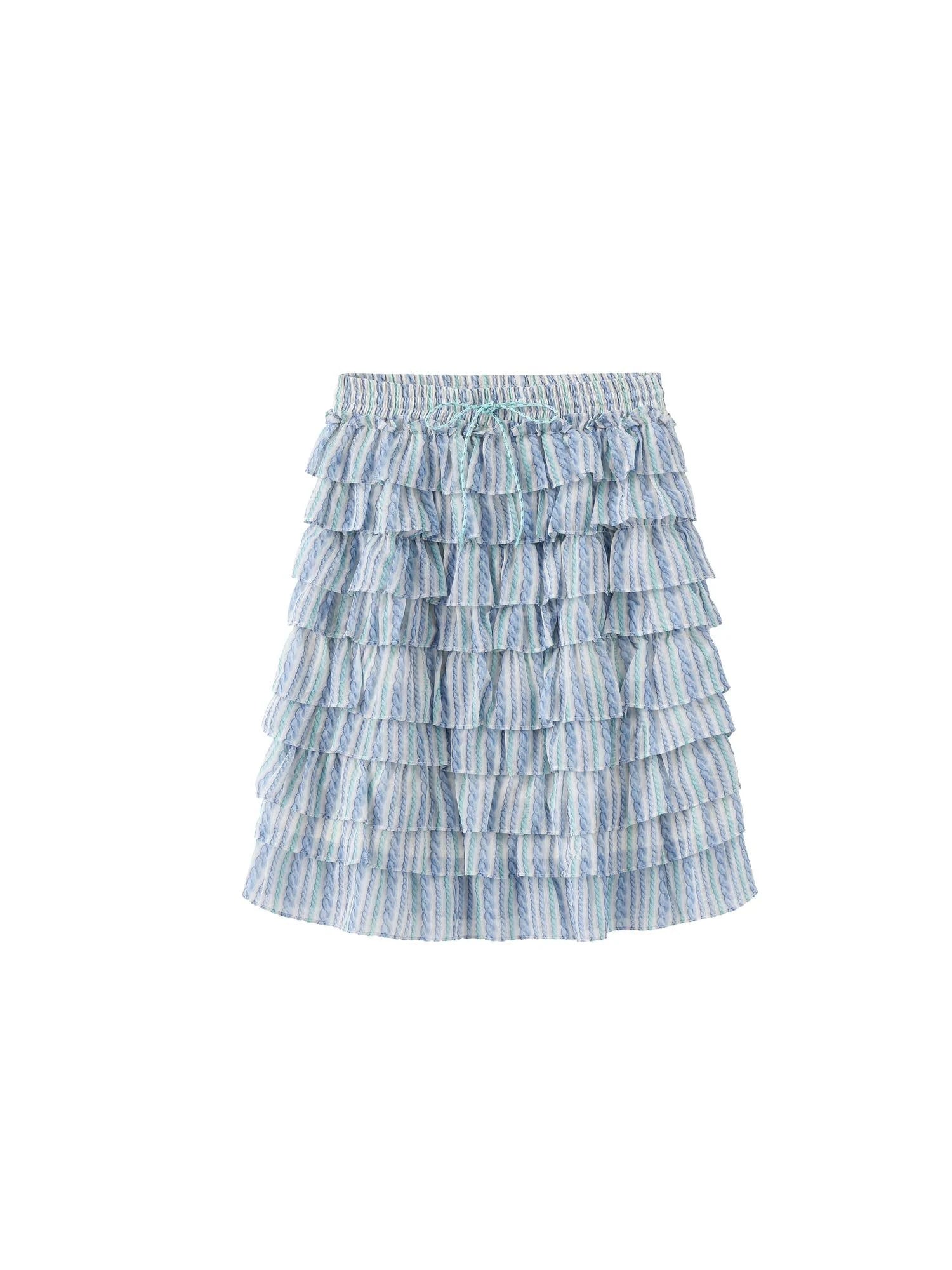 Striped Blue and White Tiered Ruffle Hem Midi Skirt