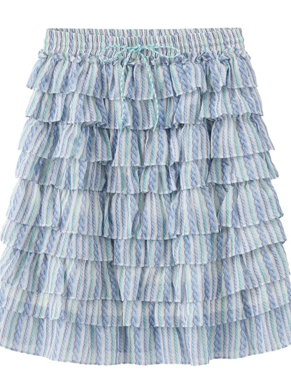 Striped Blue and White Tiered Ruffle Hem Midi Skirt