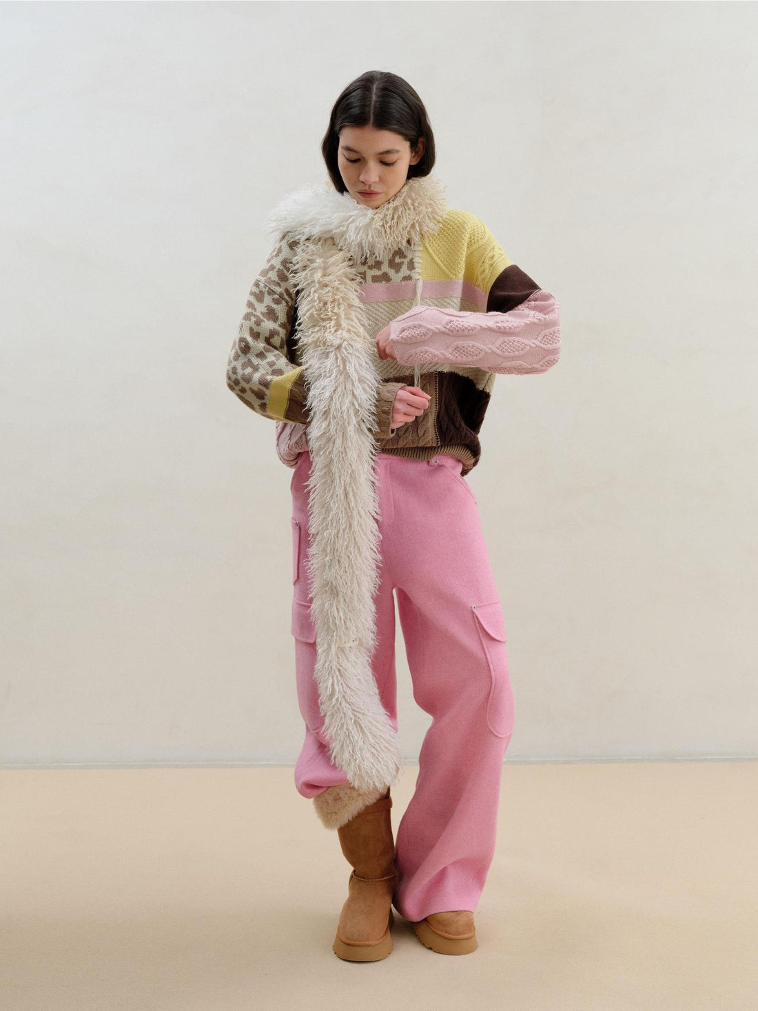 wii wil Three Tone Milk Tea Long Plush Scarf