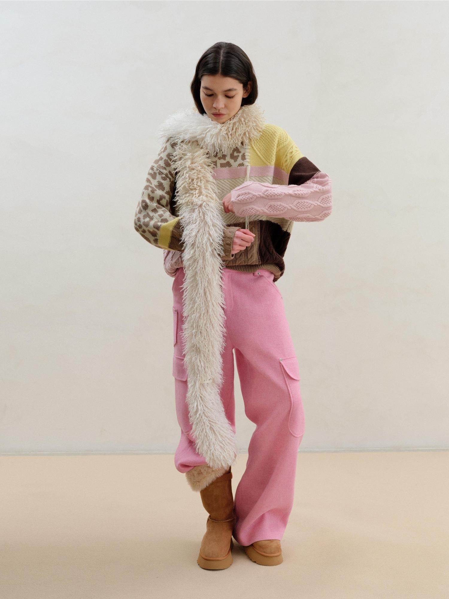 wii wil Three Tone Milk Tea Long Plush Scarf