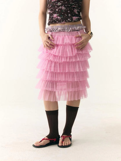 Tiered Ruffle Tulle Skirt With Dual Waistband