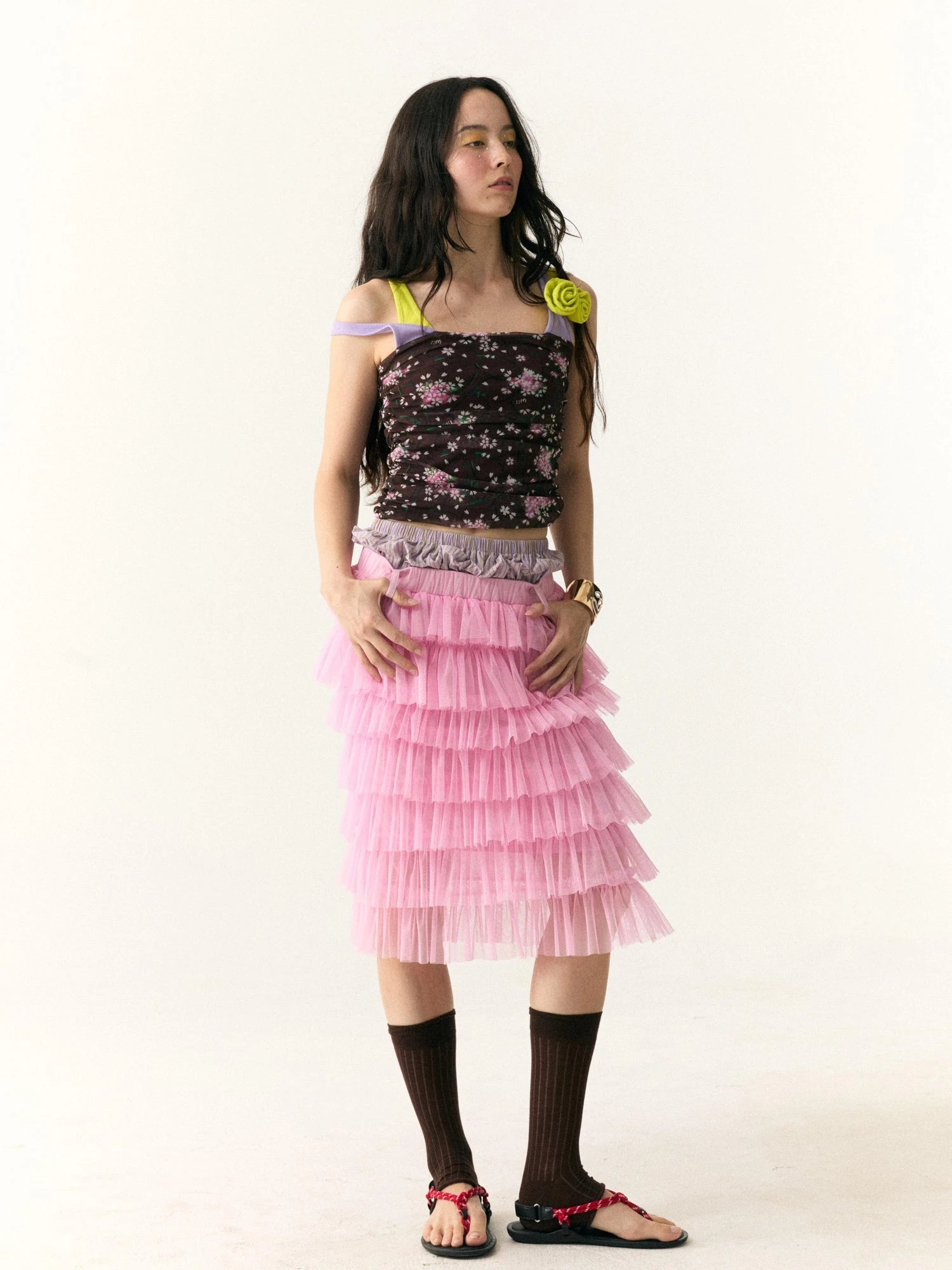 Tiered Ruffle Tulle Skirt With Dual Waistband
