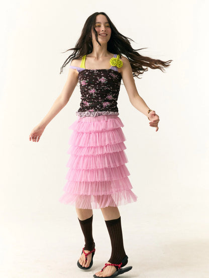Tiered Ruffle Tulle Skirt With Dual Waistband