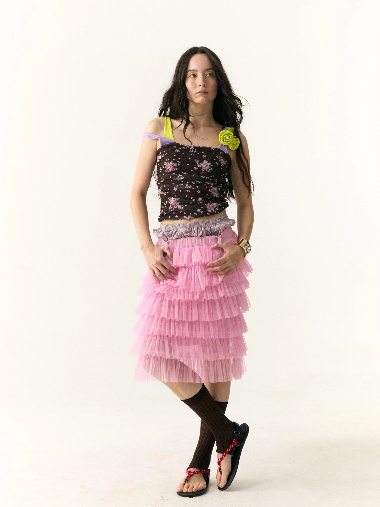 Tiered Ruffle Tulle Skirt With Dual Waistband