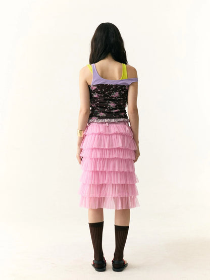 Tiered Ruffle Tulle Skirt With Dual Waistband