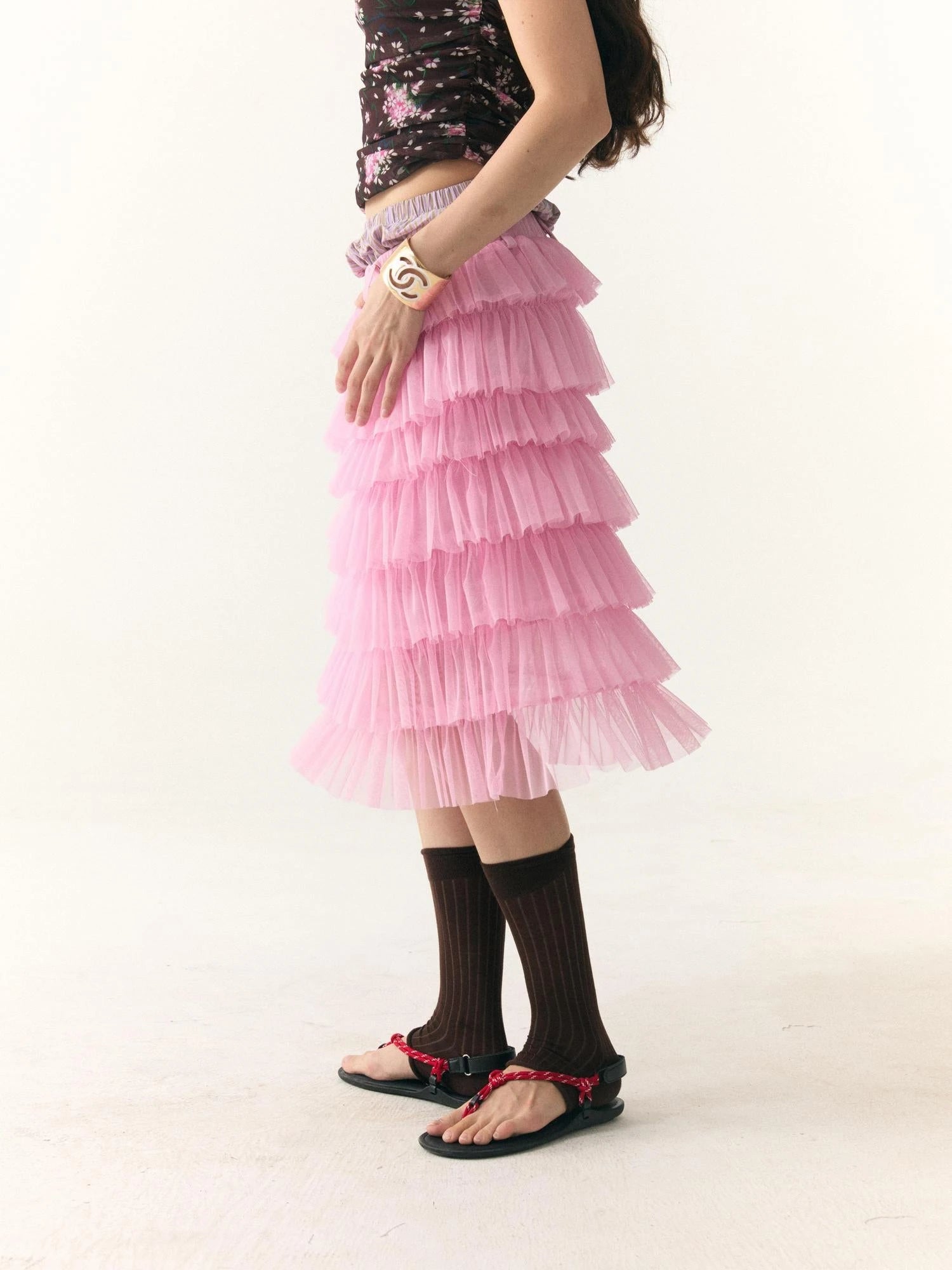 Tiered Ruffle Tulle Skirt With Dual Waistband