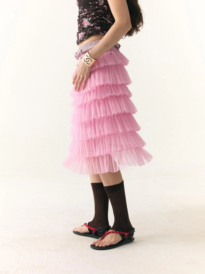 Tiered Ruffle Tulle Skirt With Dual Waistband