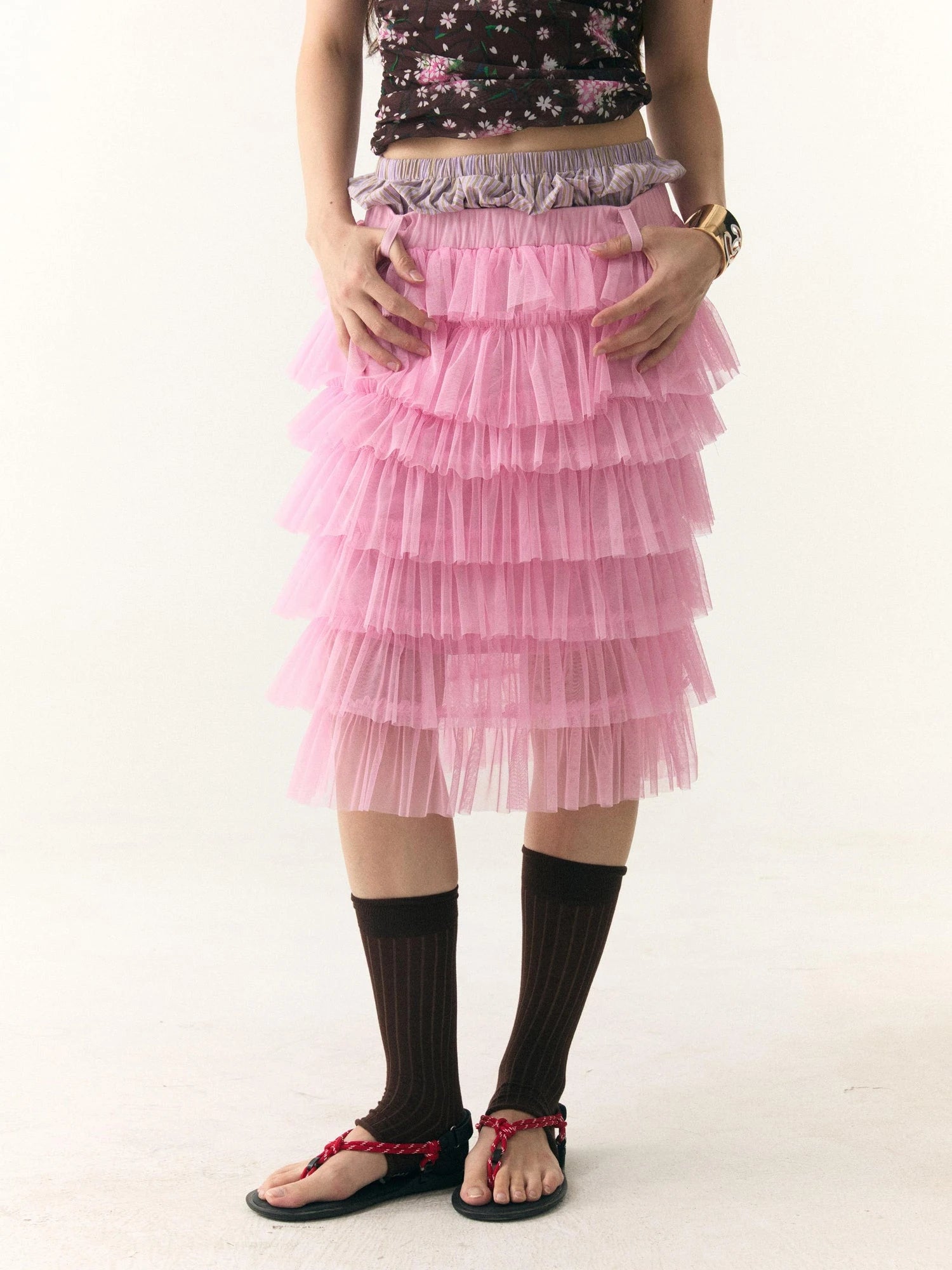 Tiered Ruffle Tulle Skirt With Dual Waistband