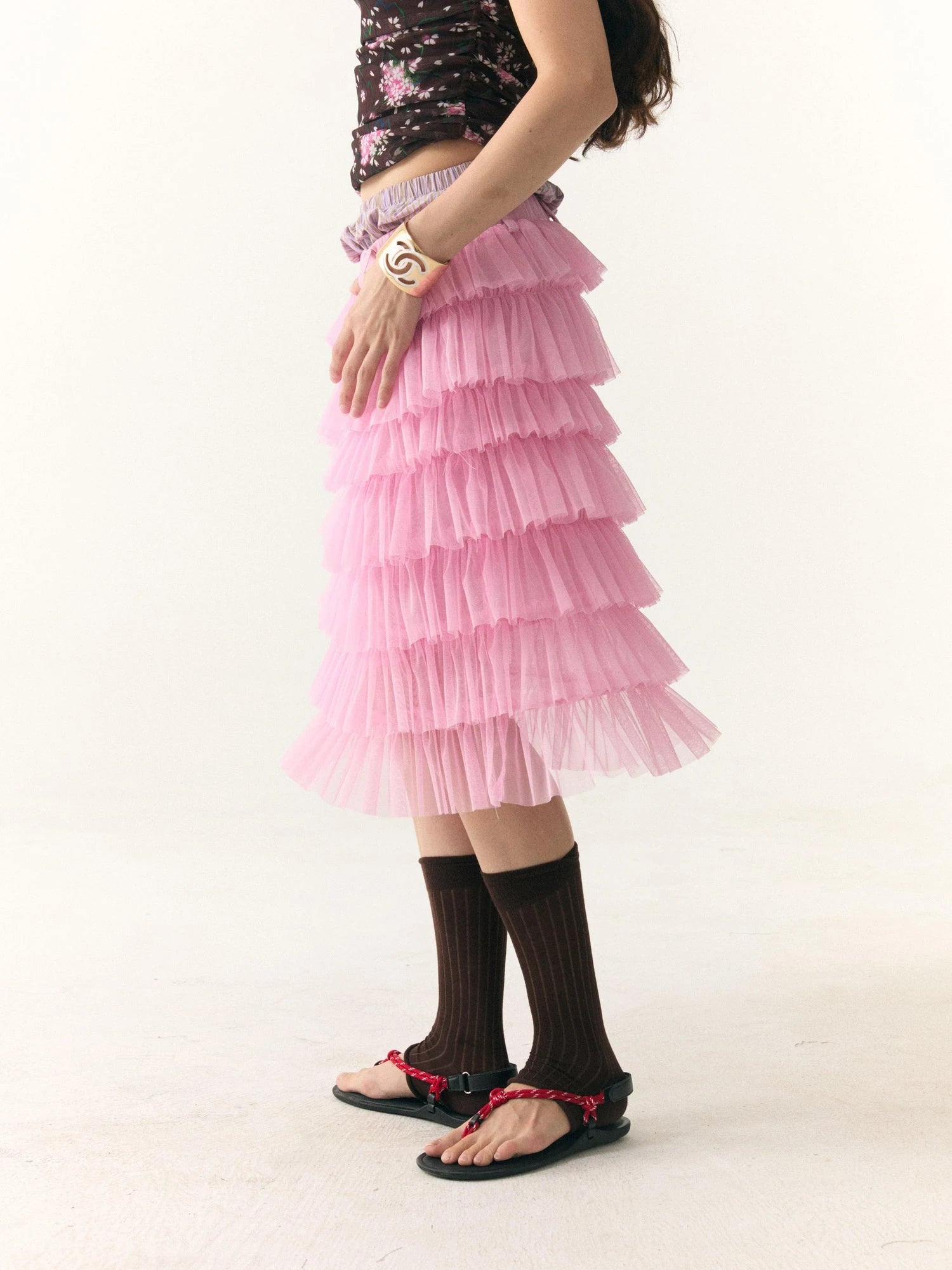 Tiered Ruffle Tulle Skirt With Dual Waistband