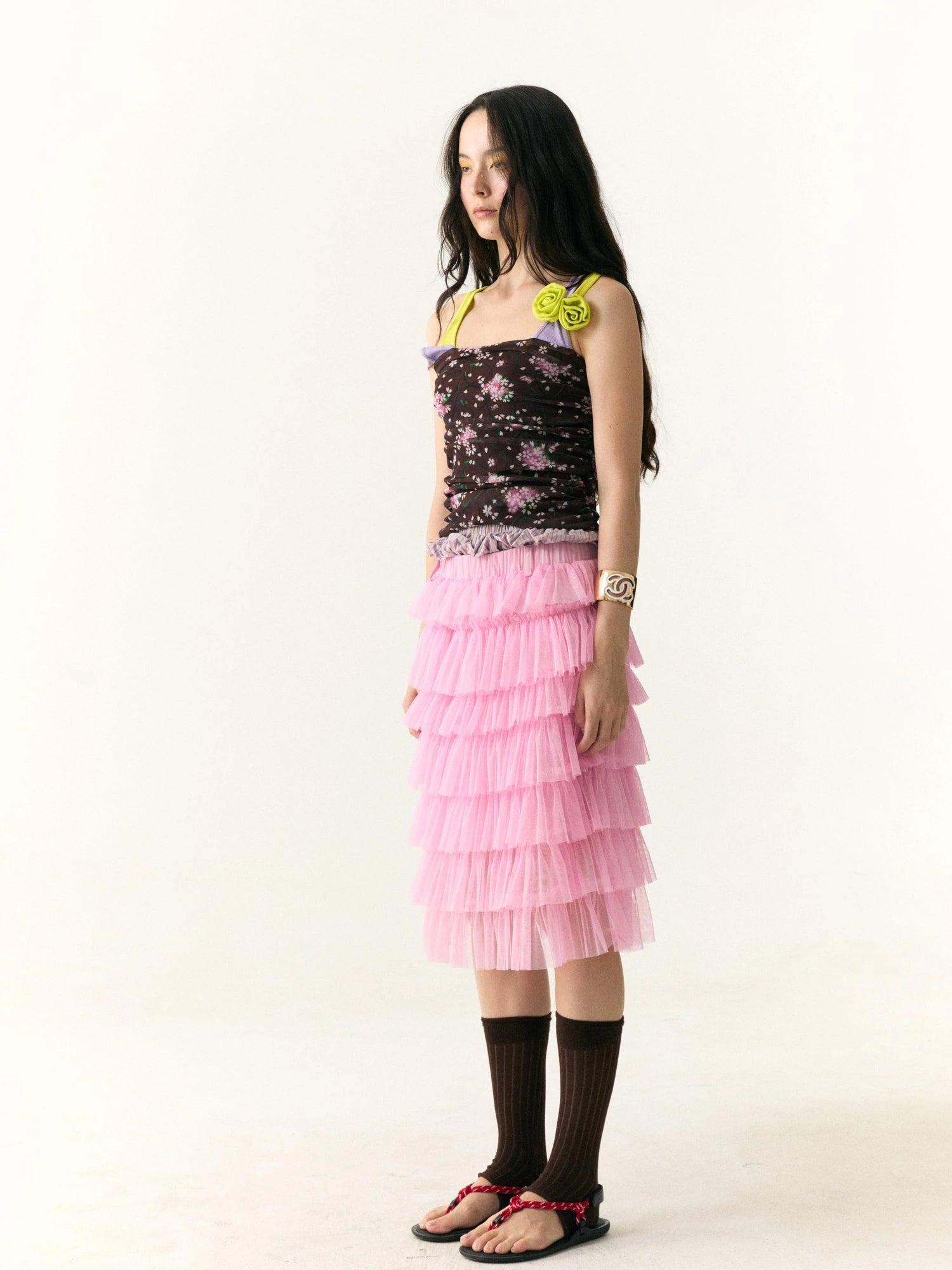 Tiered Ruffle Tulle Skirt With Dual Waistband