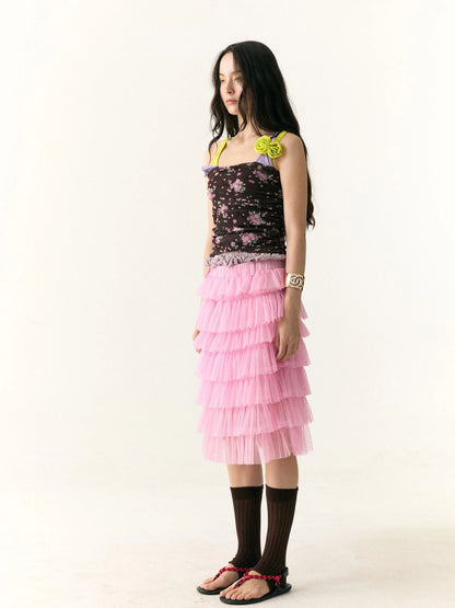 Tiered Ruffle Tulle Skirt With Dual Waistband