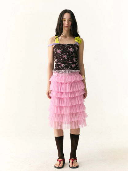 Tiered Ruffle Tulle Skirt With Dual Waistband