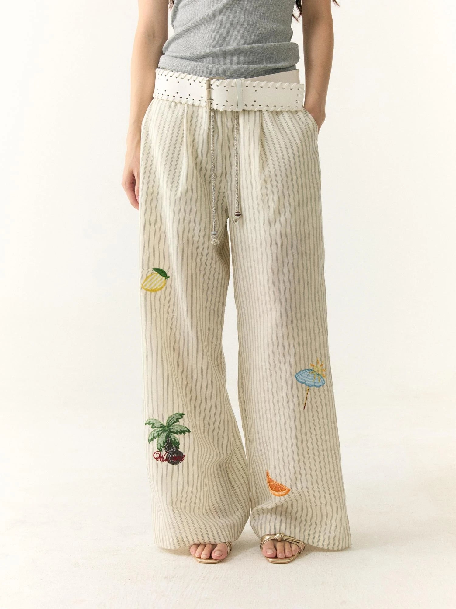 Tropical Embroidered Linen Blend Wide Leg Pants