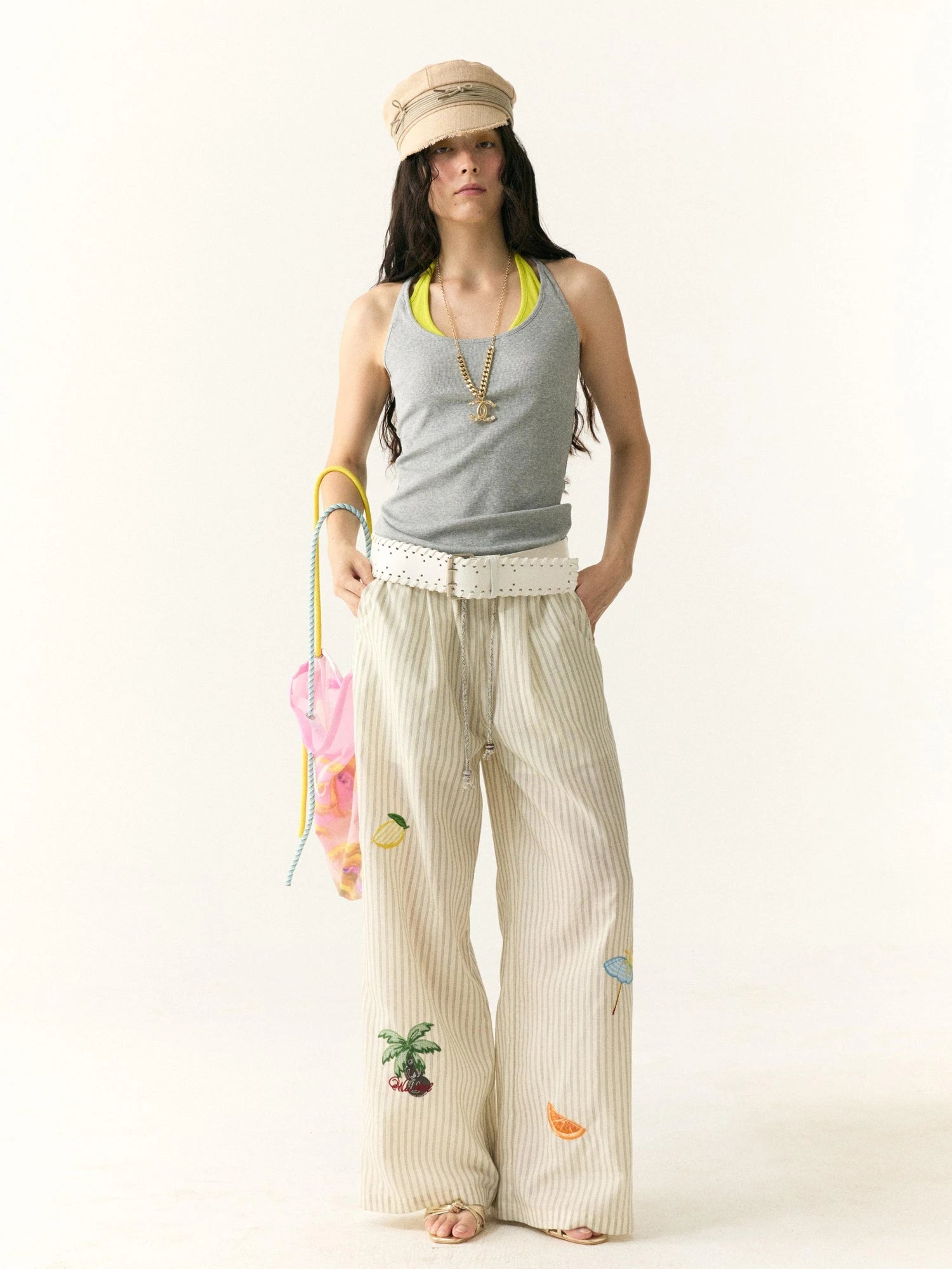Tropical Embroidered Linen Blend Wide Leg Pants