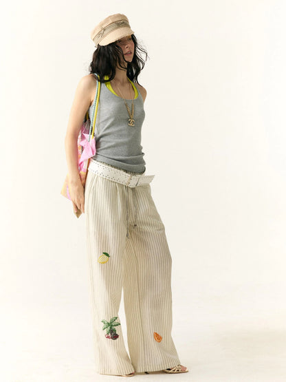 Tropical Embroidered Linen Blend Wide Leg Pants