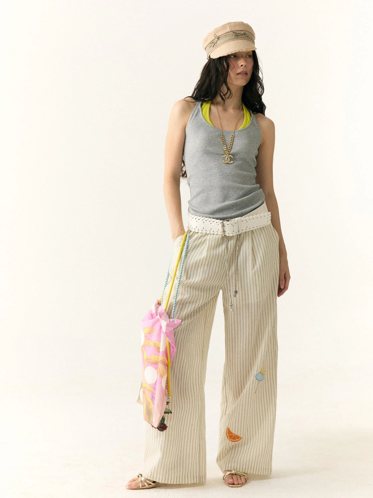 Tropical Embroidered Linen Blend Wide Leg Pants