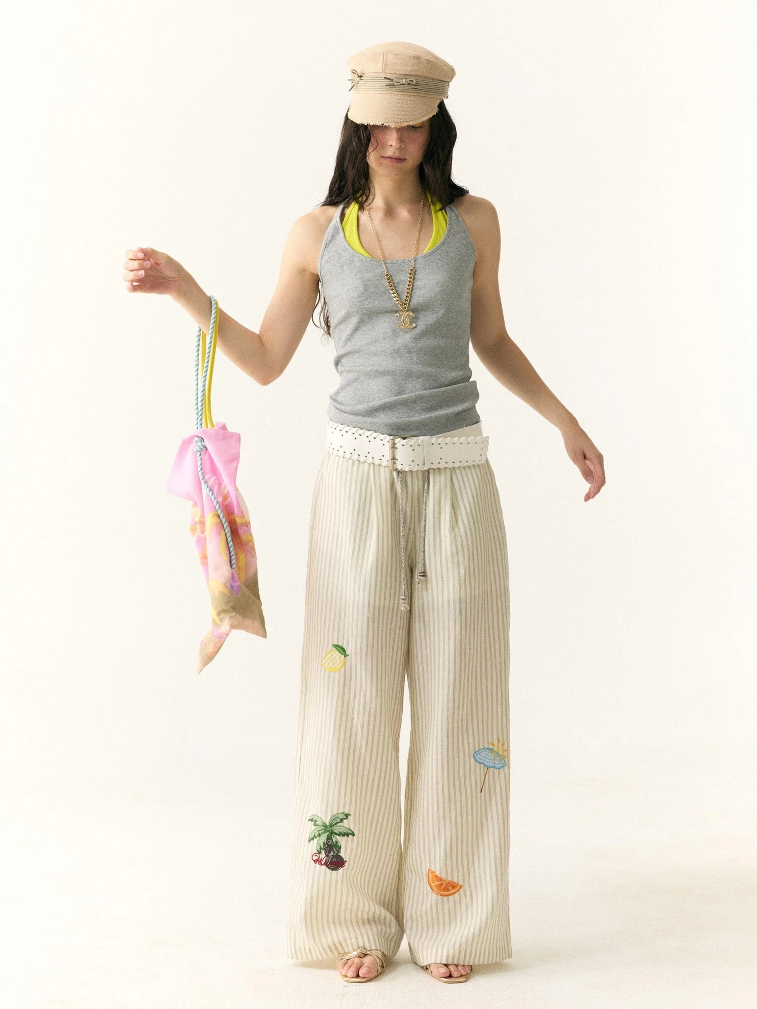 Tropical Embroidered Linen Blend Wide Leg Pants