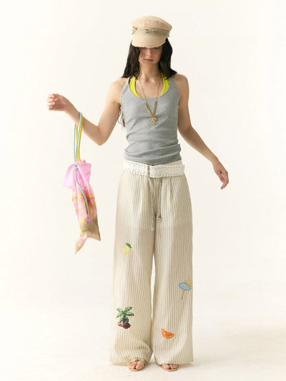 Tropical Embroidered Linen Blend Wide Leg Pants