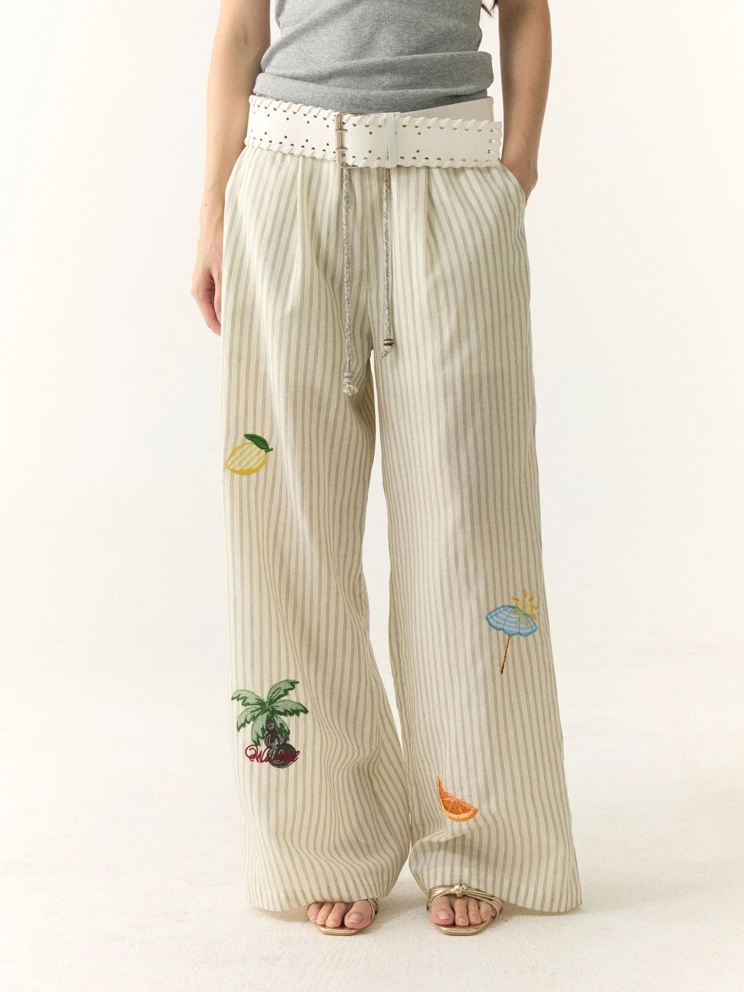 Tropical Embroidered Linen Blend Wide Leg Pants