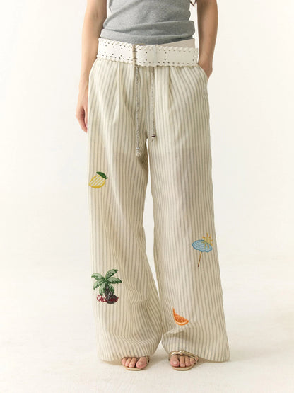 Tropical Embroidered Linen Blend Wide Leg Pants
