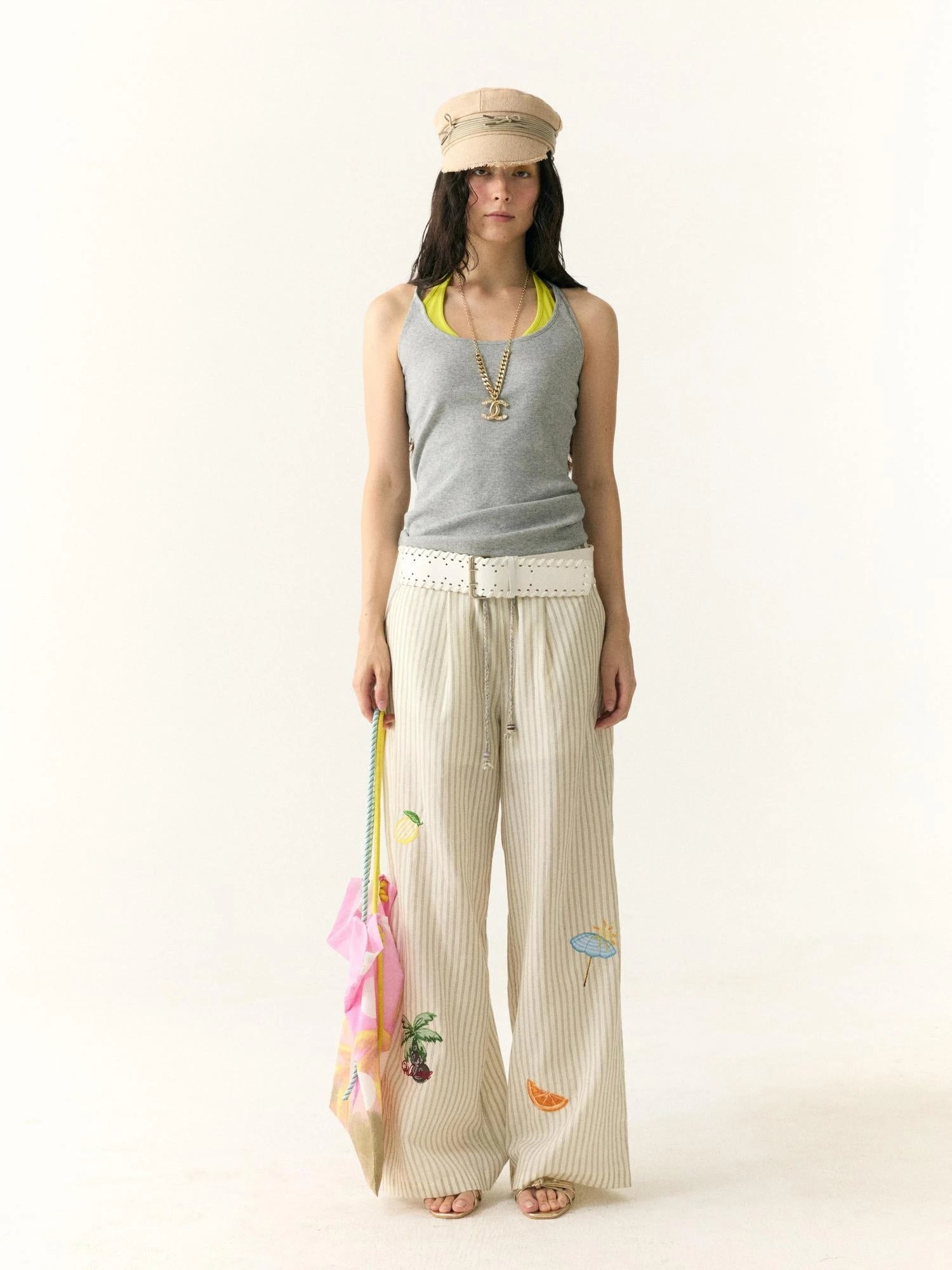 Tropical Embroidered Linen Blend Wide Leg Pants