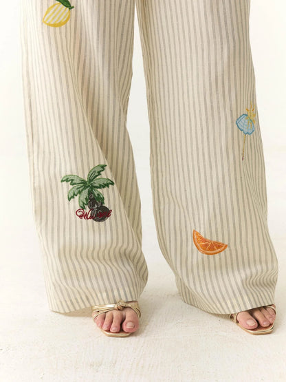 Tropical Embroidered Linen Blend Wide Leg Pants
