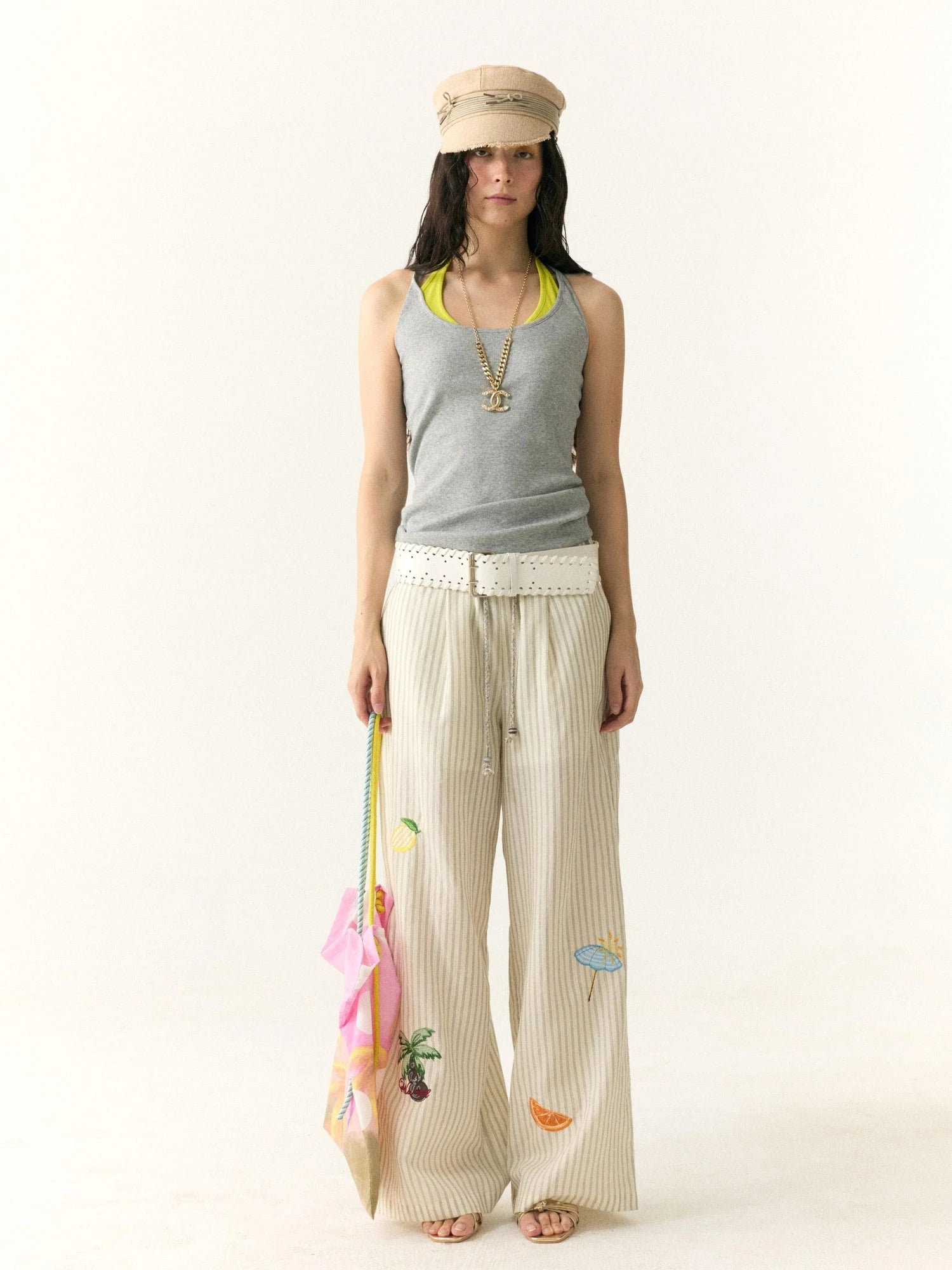 Tropical Embroidered Linen Blend Wide Leg Pants