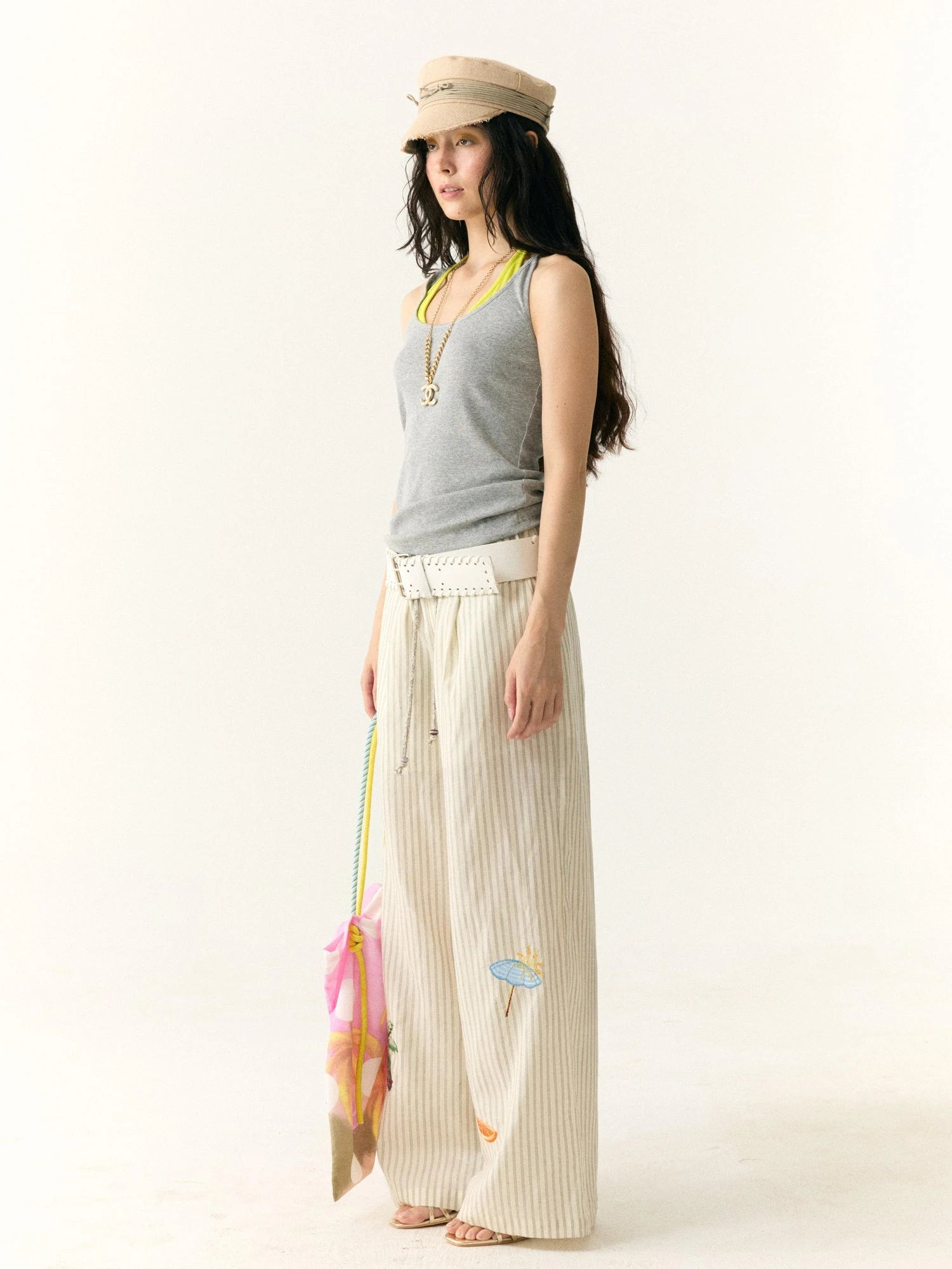 Tropical Embroidered Linen Blend Wide Leg Pants